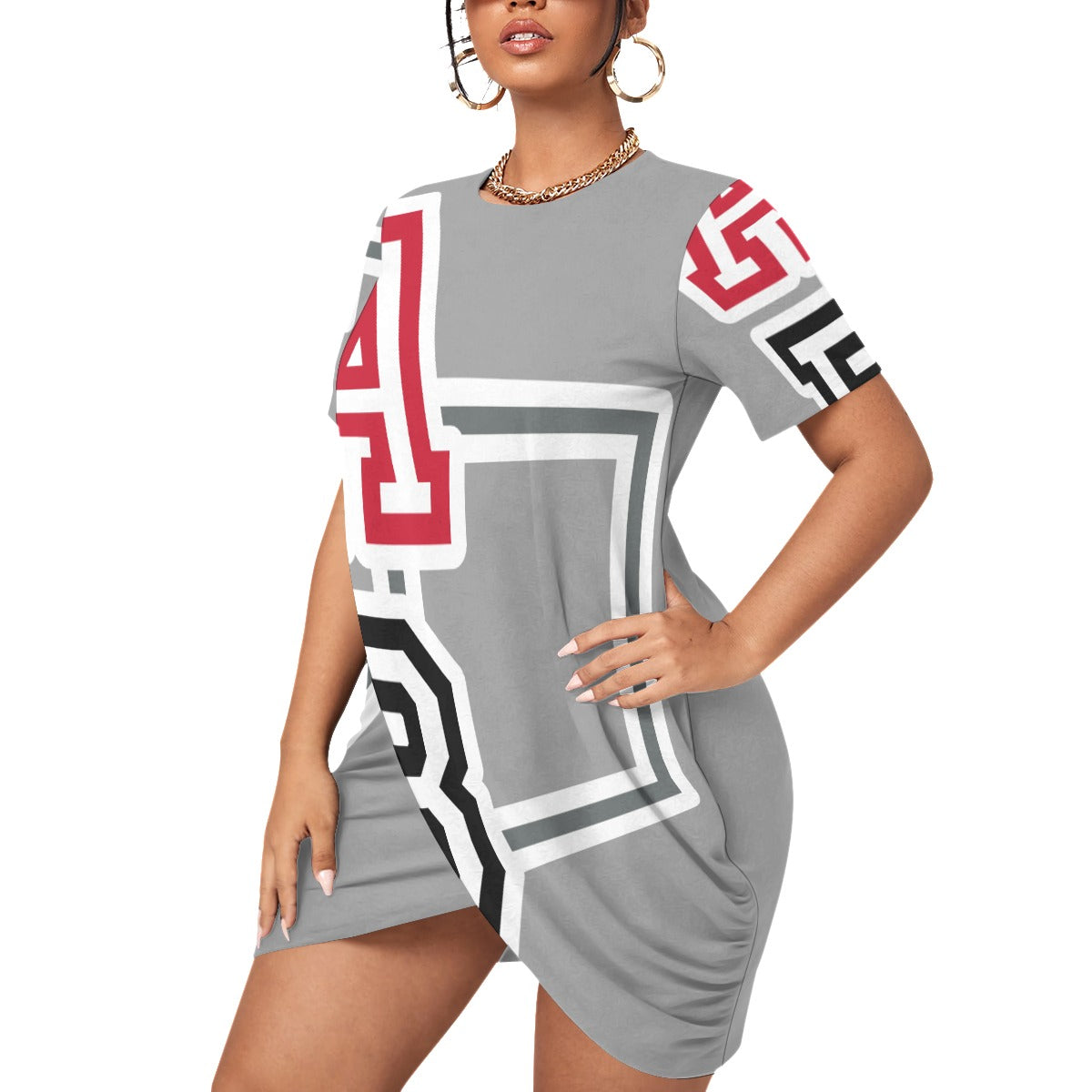 ABJ (TeeTee) White All-Over Print Women’s Stacked Hem Dress With Short Sleeve(Plus Size)