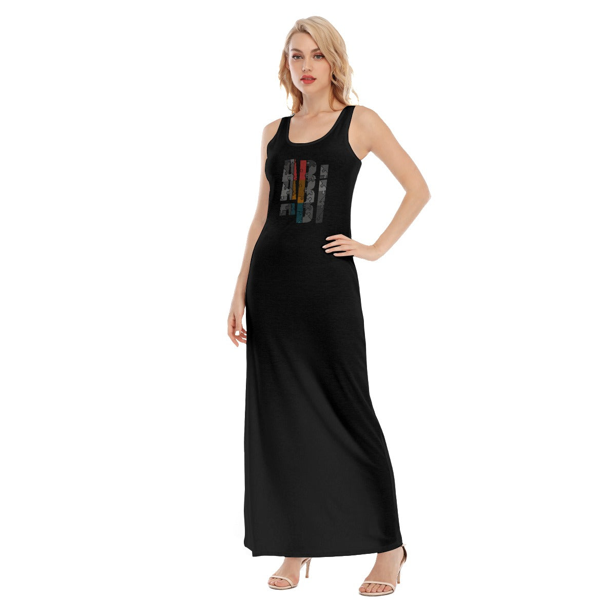 ABJ Samanth Black All-Over Print Women's Vest Dress | Length To Ankle