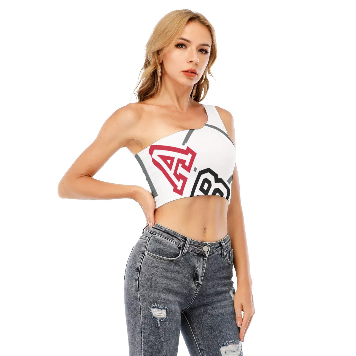 ABJ Greek White All-Over Print Women's One-Shoulder Cropped Top