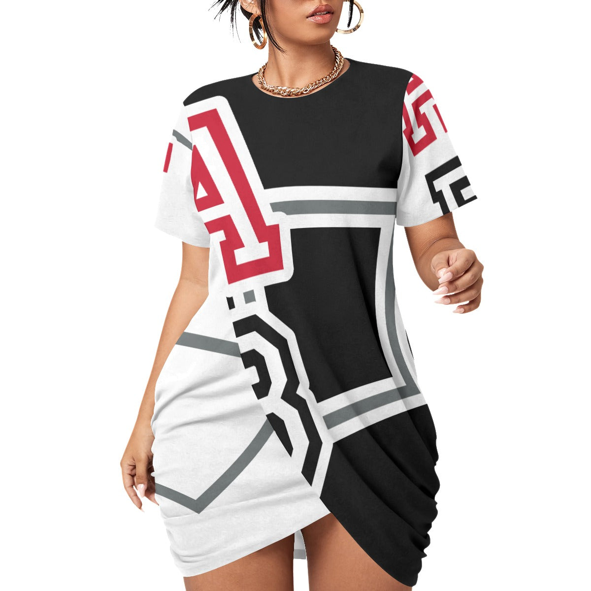 ABJ(TeeTee) Black/White All-Over Print Women’s Stacked Hem Dress With Short Sleeve(Plus Size)