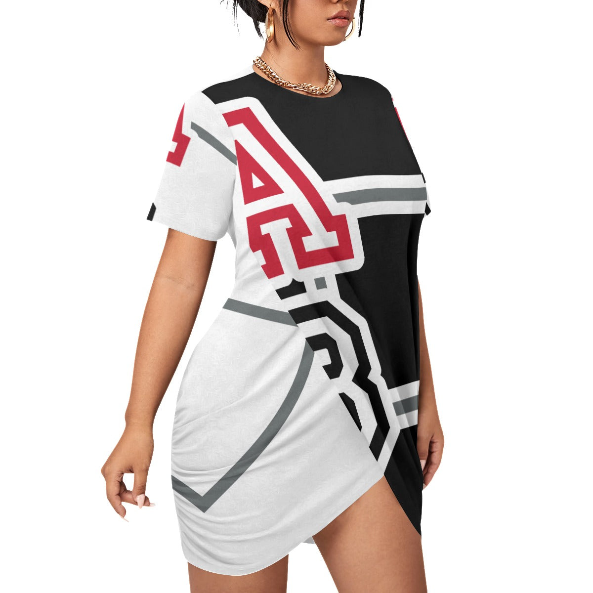 ABJ(TeeTee) Black/White All-Over Print Women’s Stacked Hem Dress With Short Sleeve(Plus Size)