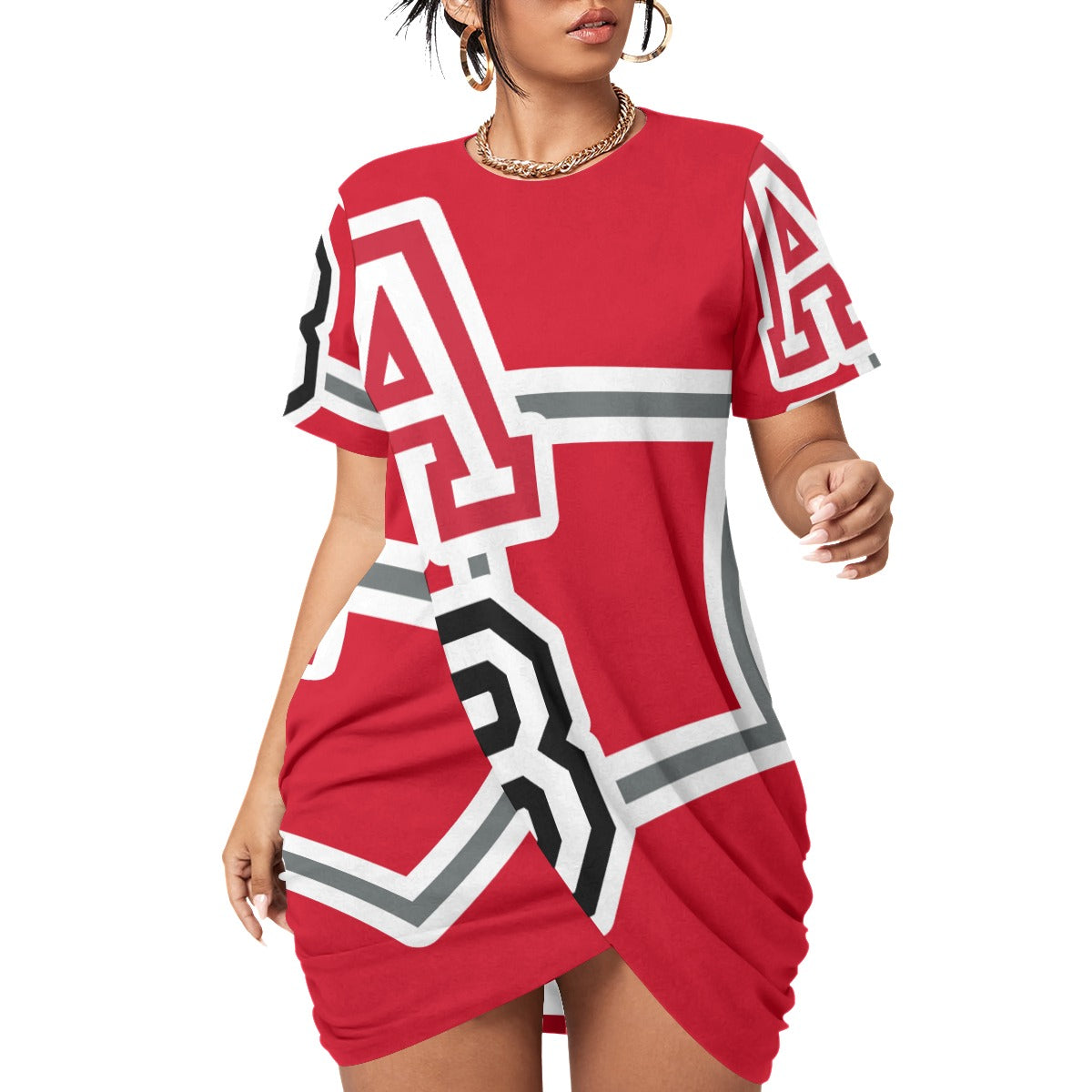 ABJ (TeeTee) White All-Over Print Women’s Stacked Hem Dress With Short Sleeve(Plus Size)