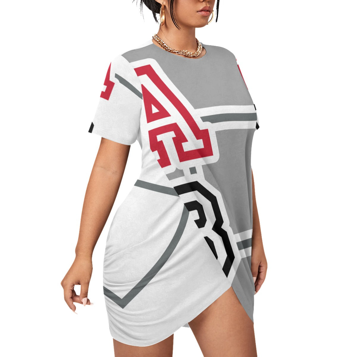 ABJ (TeeTee) White All-Over Print Women’s Stacked Hem Dress With Short Sleeve(Plus Size)