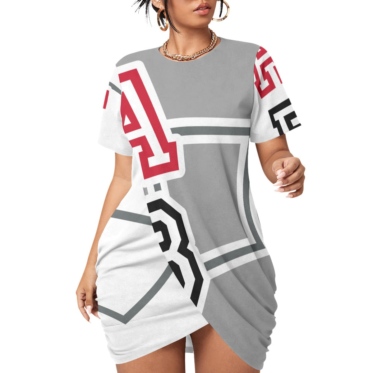 ABJ (TeeTee) White All-Over Print Women’s Stacked Hem Dress With Short Sleeve(Plus Size)