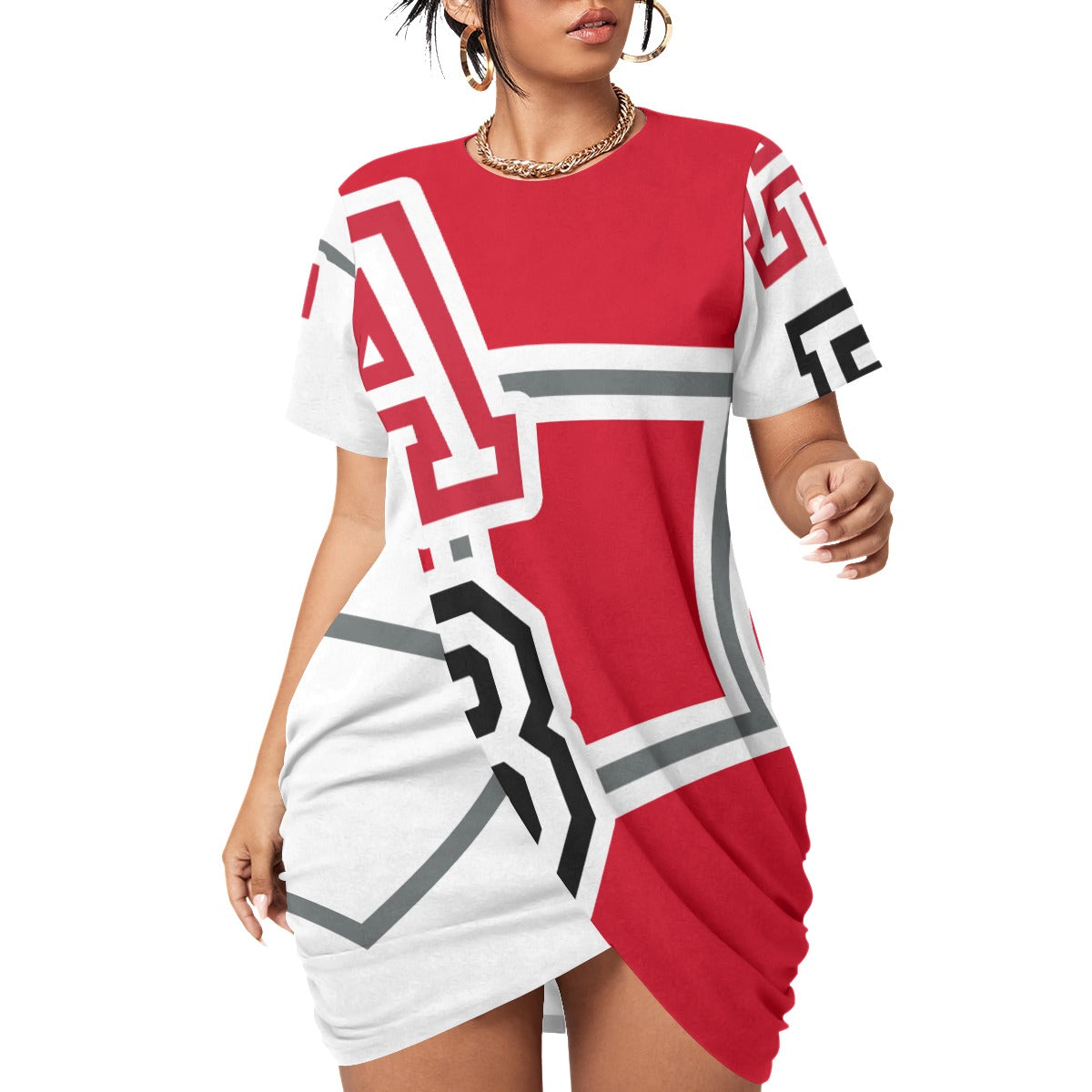 ABJ (TeeTee) White All-Over Print Women’s Stacked Hem Dress With Short Sleeve(Plus Size)