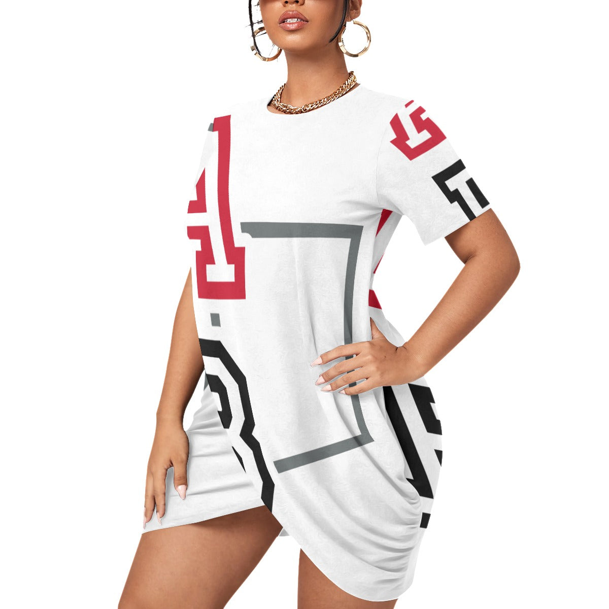 ABJ (TeeTee) White All-Over Print Women’s Stacked Hem Dress With Short Sleeve(Plus Size)