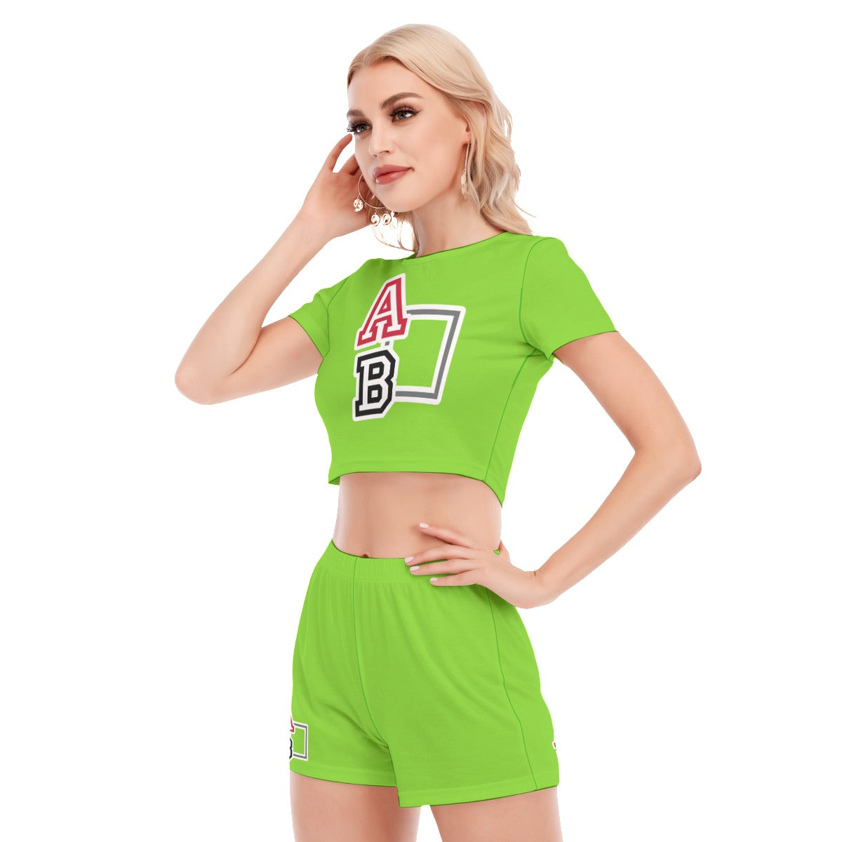 ABJ Greek Lime Green All-Over Print Women's Short Sleeve Cropped Top Shorts Suit