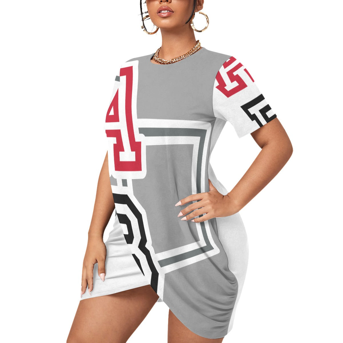 ABJ (TeeTee) White All-Over Print Women’s Stacked Hem Dress With Short Sleeve(Plus Size)