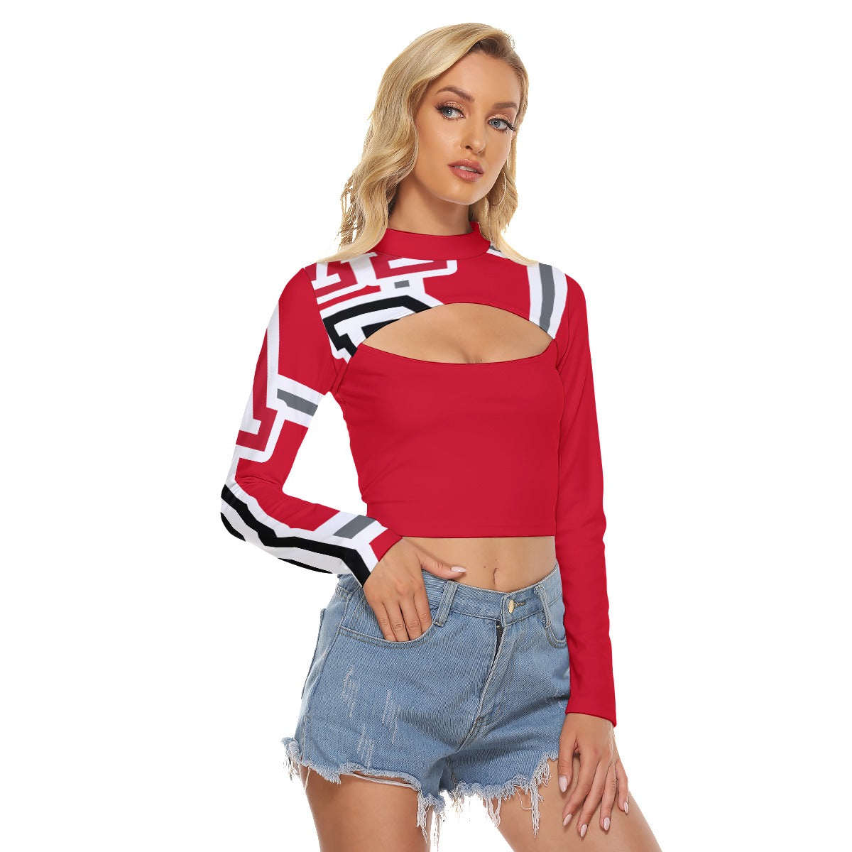 ABJ All-Over Print Women's Hollow Chest Keyhole Tight Crop Top