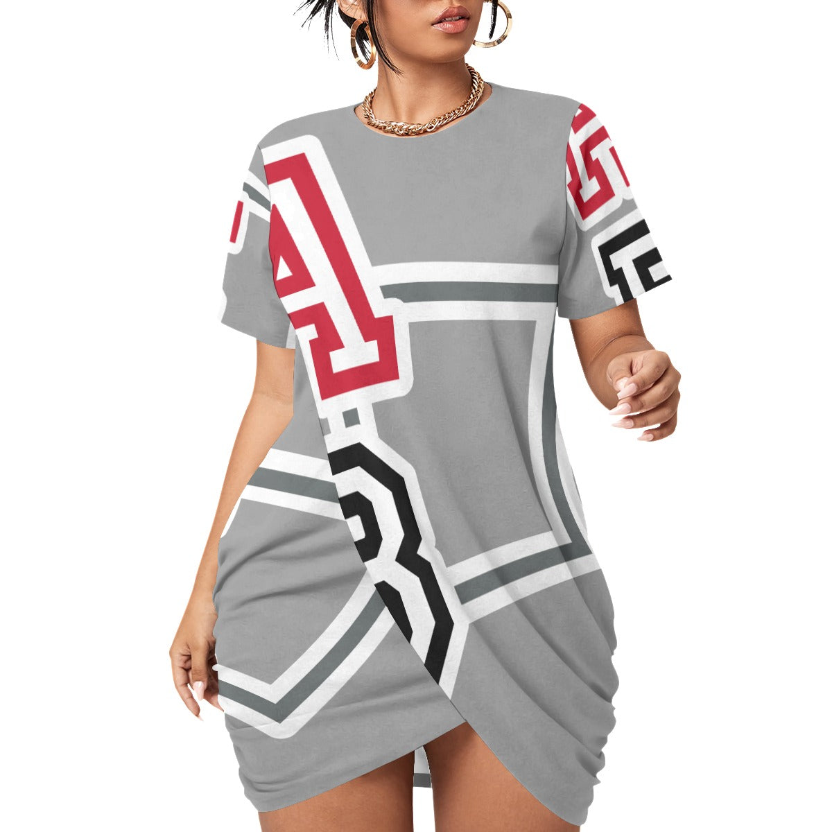 ABJ (TeeTee) White All-Over Print Women’s Stacked Hem Dress With Short Sleeve(Plus Size)