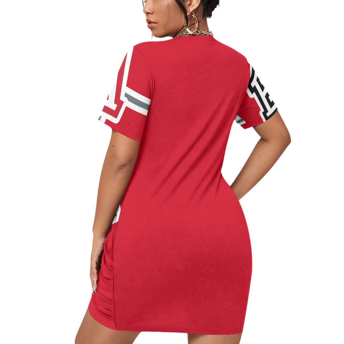 ABJ (TeeTee) White All-Over Print Women’s Stacked Hem Dress With Short Sleeve(Plus Size)