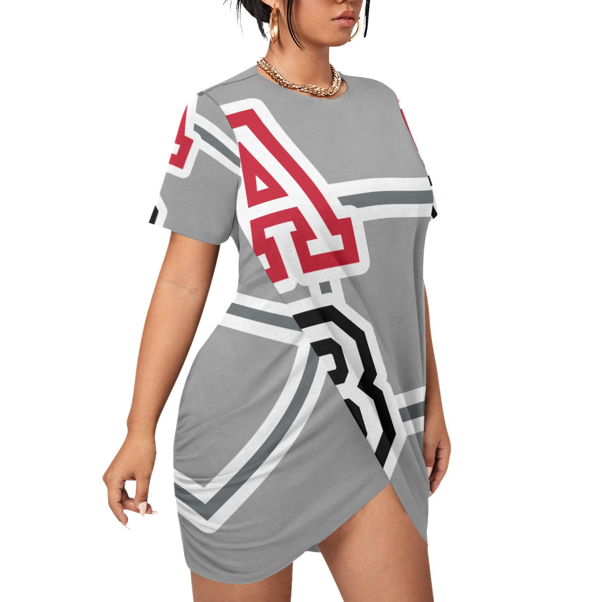 ABJ (TeeTee) White All-Over Print Women’s Stacked Hem Dress With Short Sleeve(Plus Size)