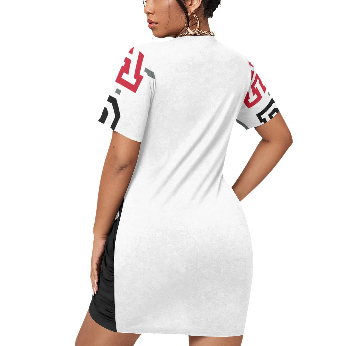 ABJ(TeeTee) Black/White All-Over Print Women’s Stacked Hem Dress With Short Sleeve(Plus Size)