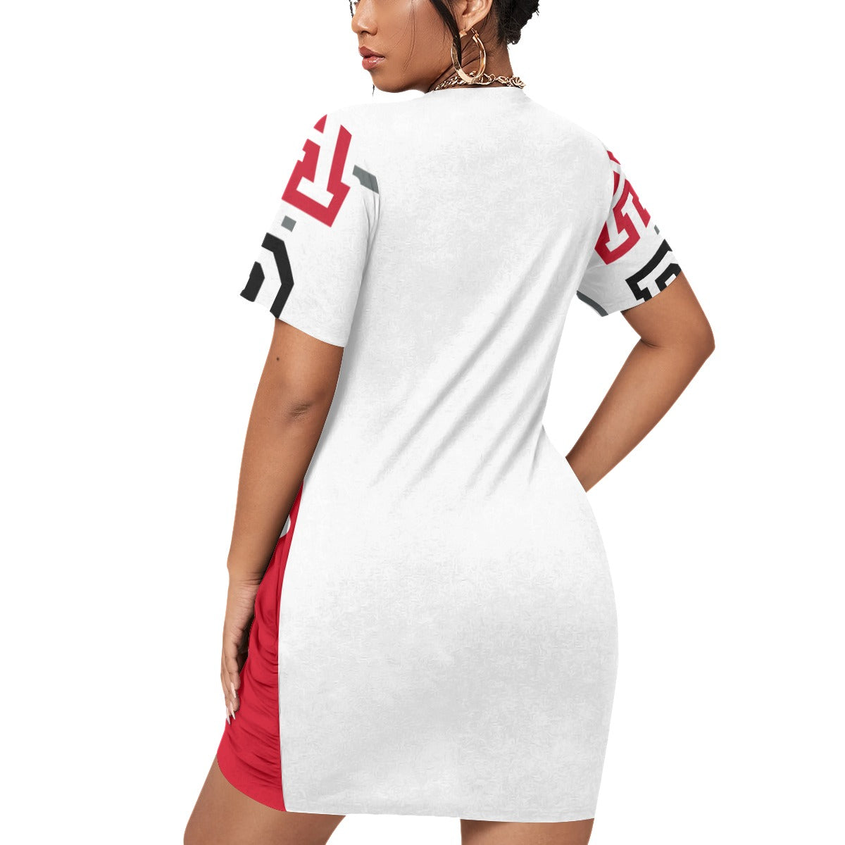 ABJ (TeeTee) White All-Over Print Women’s Stacked Hem Dress With Short Sleeve(Plus Size)