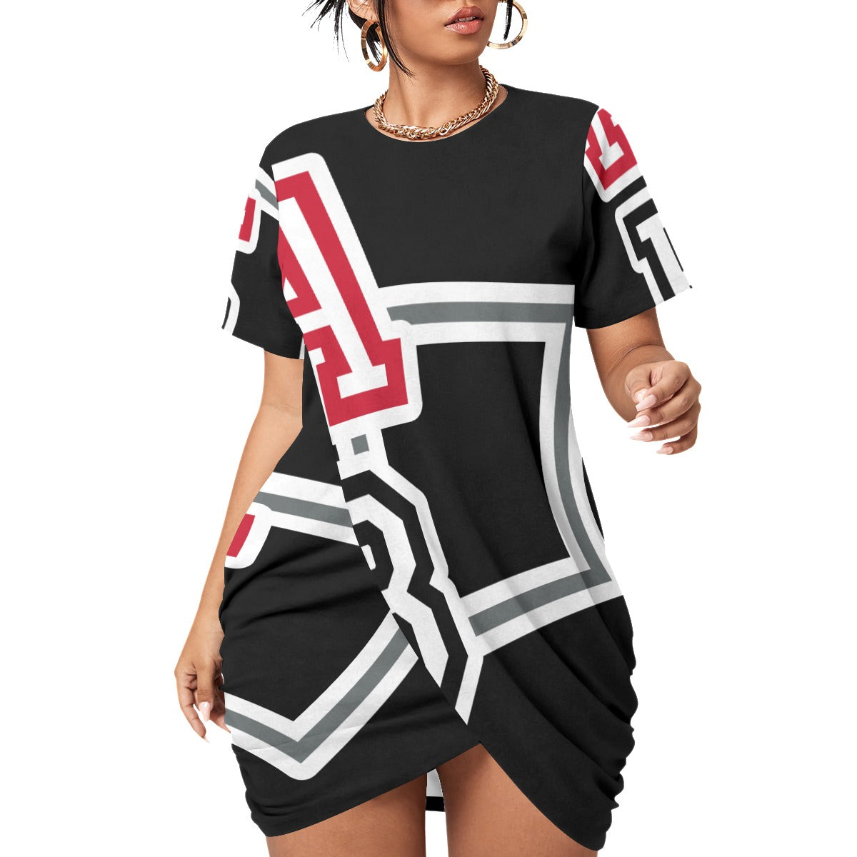 ABJ (TeeTee) White All-Over Print Women’s Stacked Hem Dress With Short Sleeve(Plus Size)