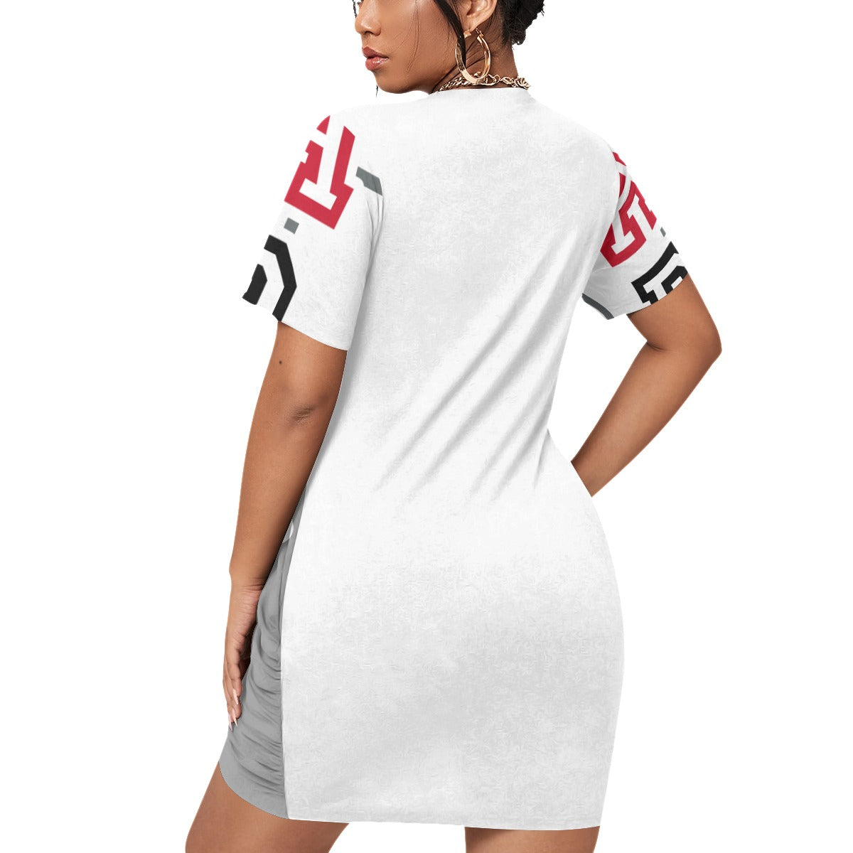 ABJ (TeeTee) White All-Over Print Women’s Stacked Hem Dress With Short Sleeve(Plus Size)