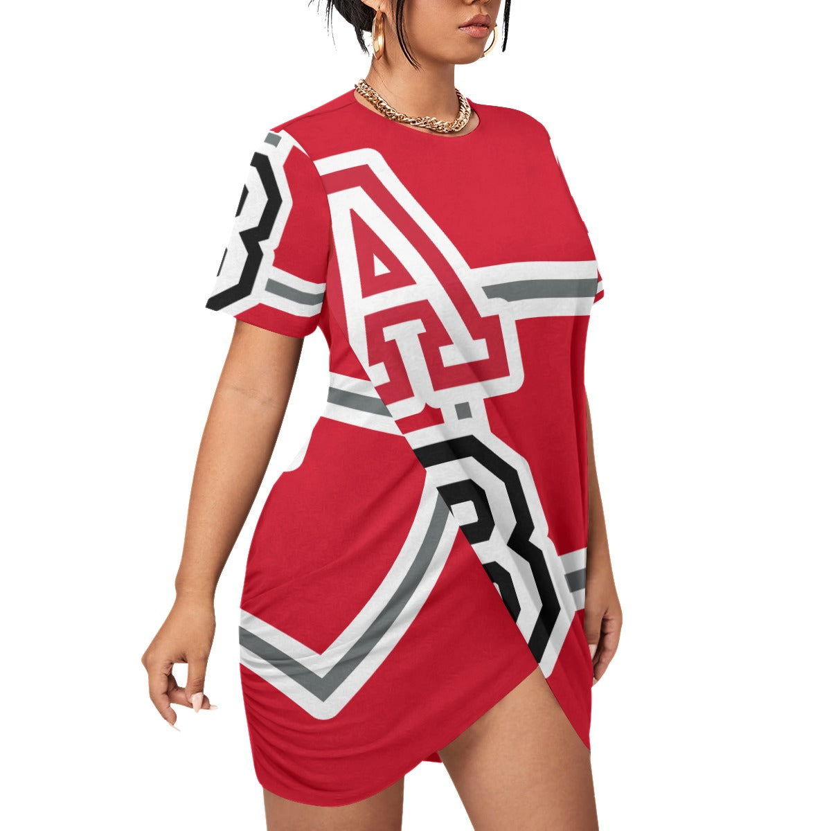 ABJ (TeeTee) White All-Over Print Women’s Stacked Hem Dress With Short Sleeve(Plus Size)