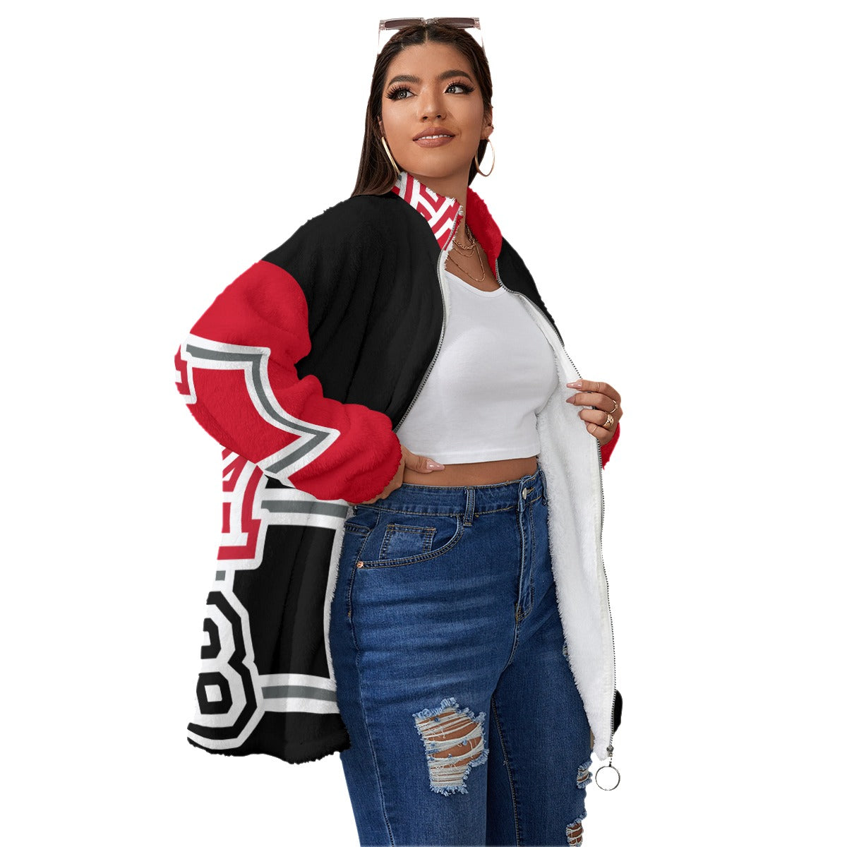 ABJ All-Over Print Women's Borg Fleece Stand-up Collar Coat With Zipper Closure(Plus Size)