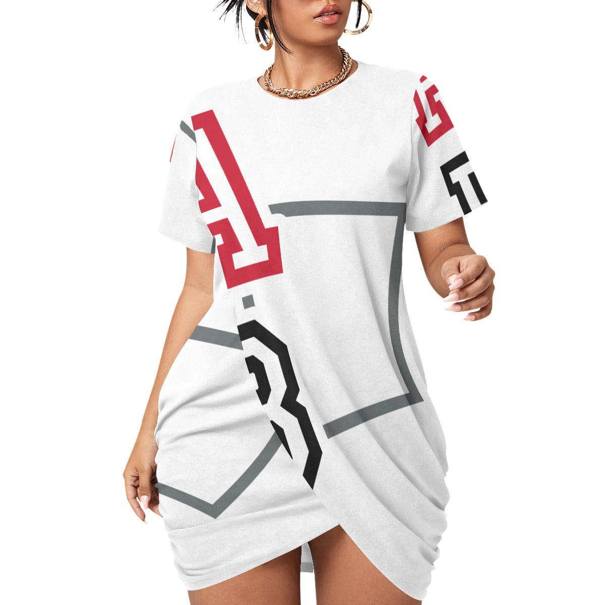 ABJ (TeeTee) White All-Over Print Women’s Stacked Hem Dress With Short Sleeve(Plus Size)