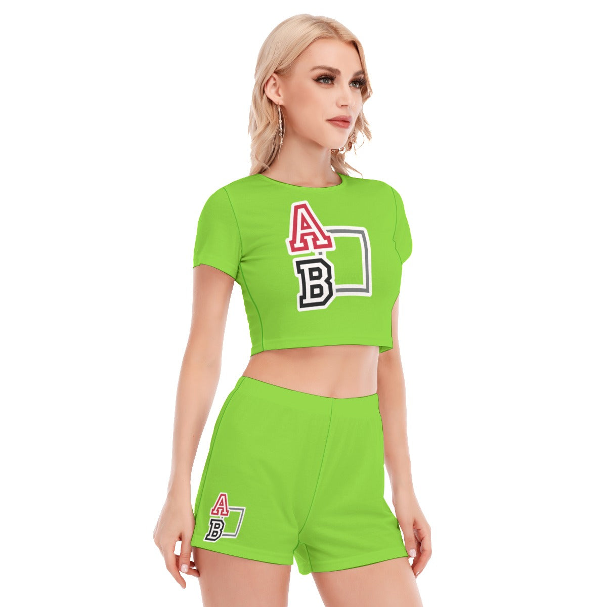 ABJ Greek Lime Green All-Over Print Women's Short Sleeve Cropped Top Shorts Suit