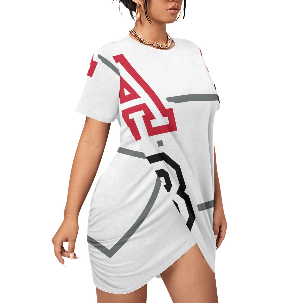 ABJ (TeeTee) White All-Over Print Women’s Stacked Hem Dress With Short Sleeve(Plus Size)