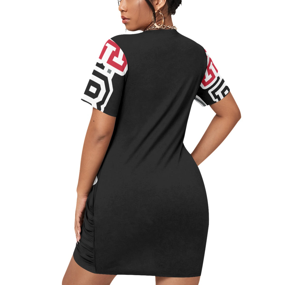 ABJ (TeeTee) White All-Over Print Women’s Stacked Hem Dress With Short Sleeve(Plus Size)