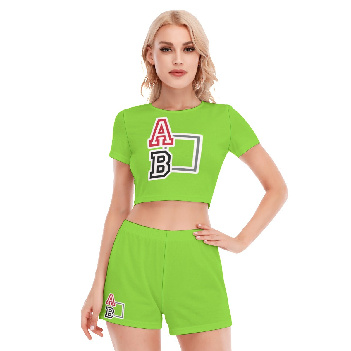 ABJ Greek Lime Green All-Over Print Women's Short Sleeve Cropped Top Shorts Suit