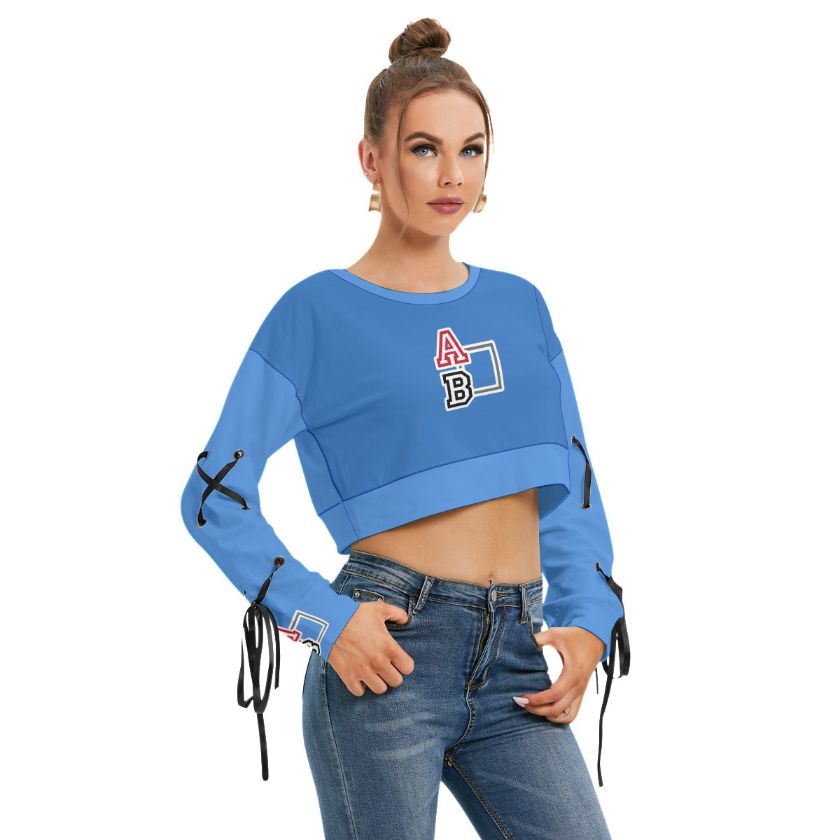 ABJ Ashley Baby Blue All-Over Print Women's Long Sleeve Cropped Sweatshirt With Lace up