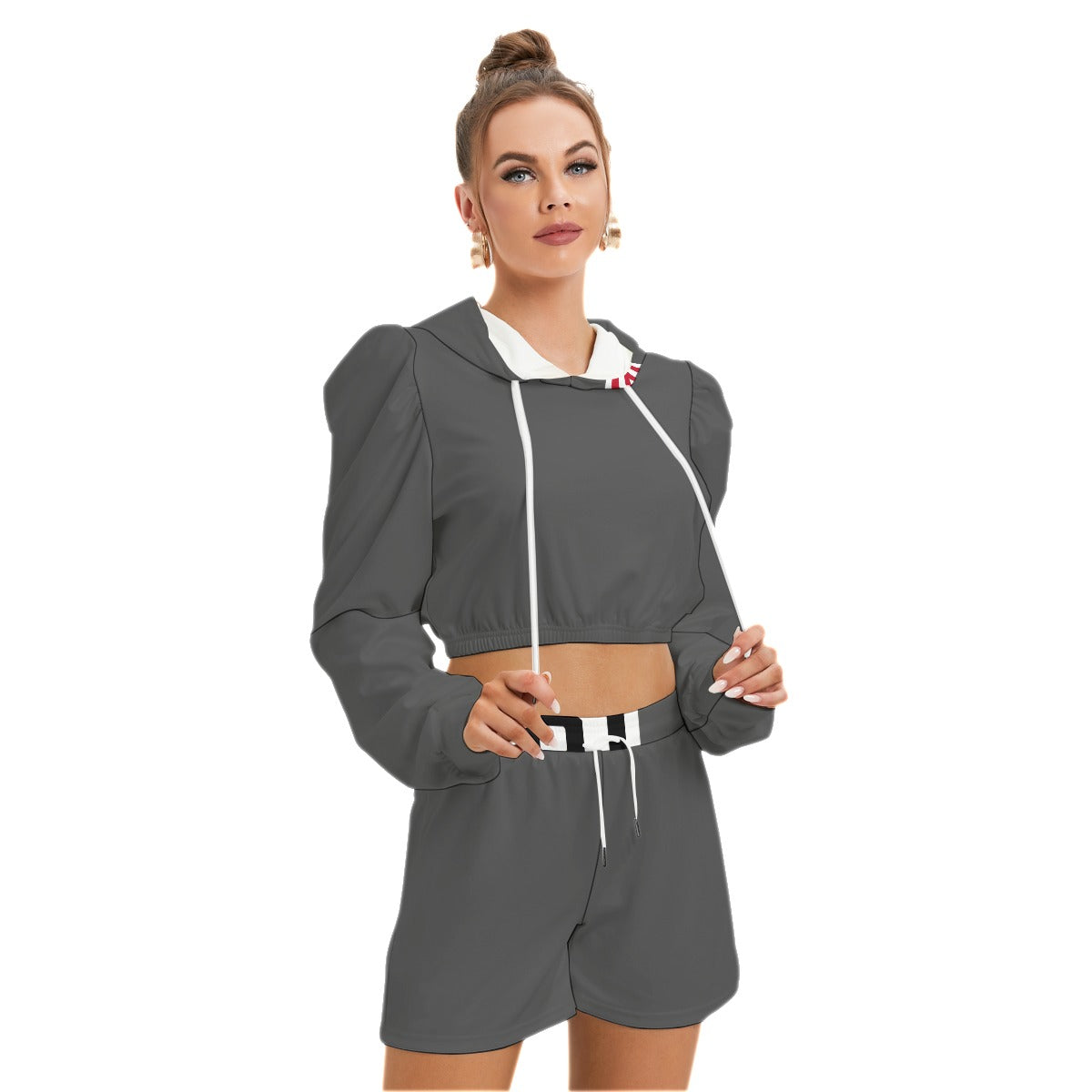 ABJ Greek Grey  Plain All-Over Print Women's Mirco Fleece Hoodie And Shorts Set