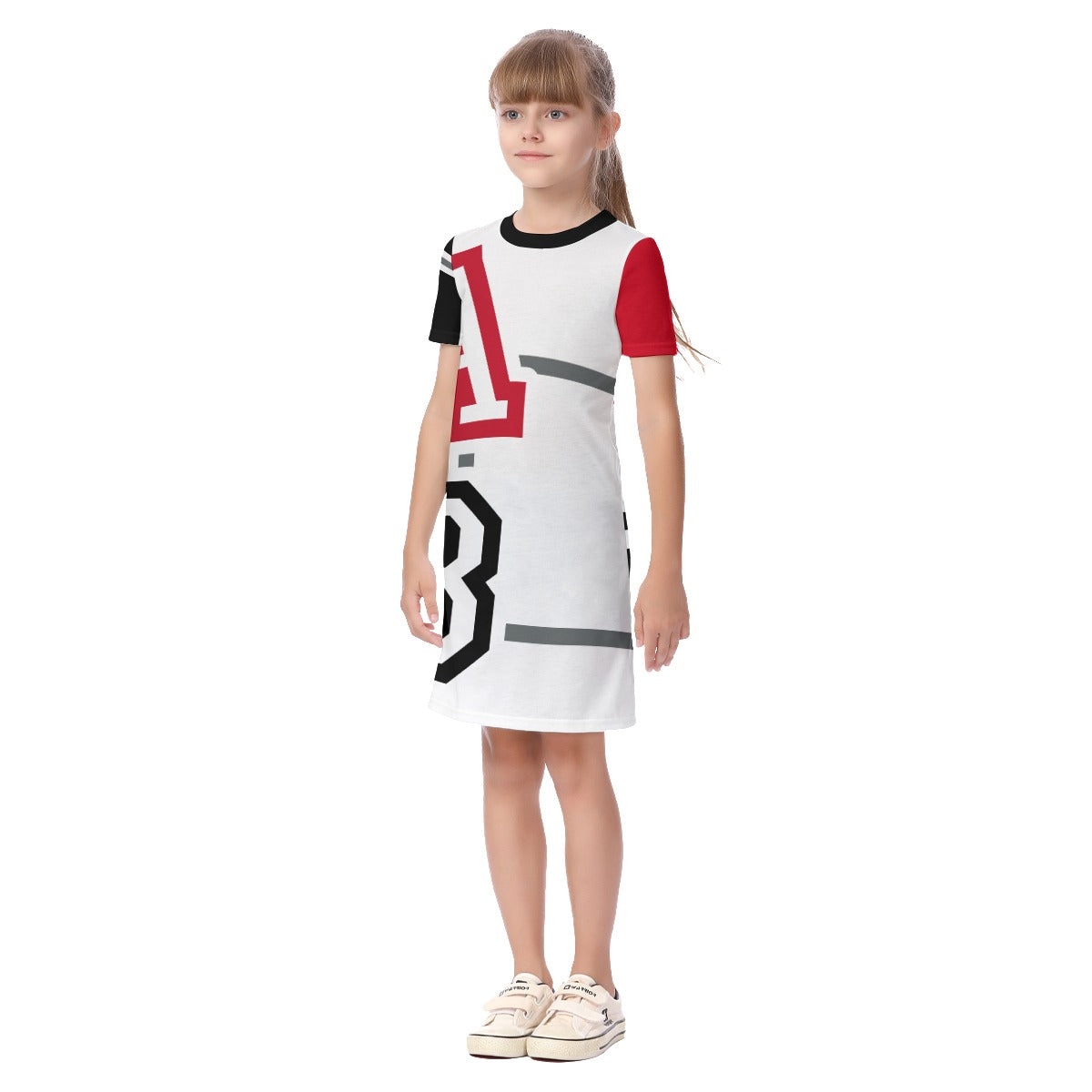 ABJ Greek all White with Red & Black sleeves  All-Over Print Kid's Short Sleeve Dress