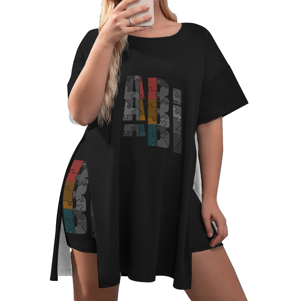 ABJ Amber Black All-Over Print Women's Drop-Shoulder T-Shirt with Side Split and Shorts (Plus Size)