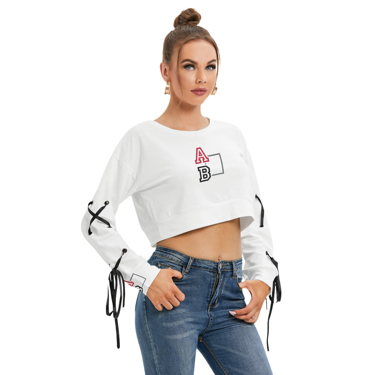 ABJ Ashley White All-Over Print Women's Long Sleeve Cropped Sweatshirt With Lace up