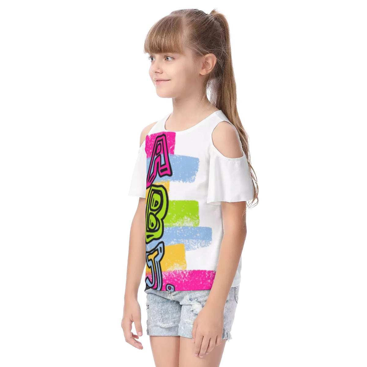 ABJ Colorful Brick Kids All-Over Print Kid's Cold Shoulder T-shirt with Ruffle Sleeves