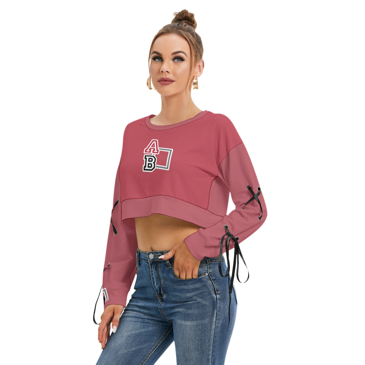 ABJ Ashley Moss Pink All-Over Print Women's Long Sleeve Cropped Sweatshirt With Lace up