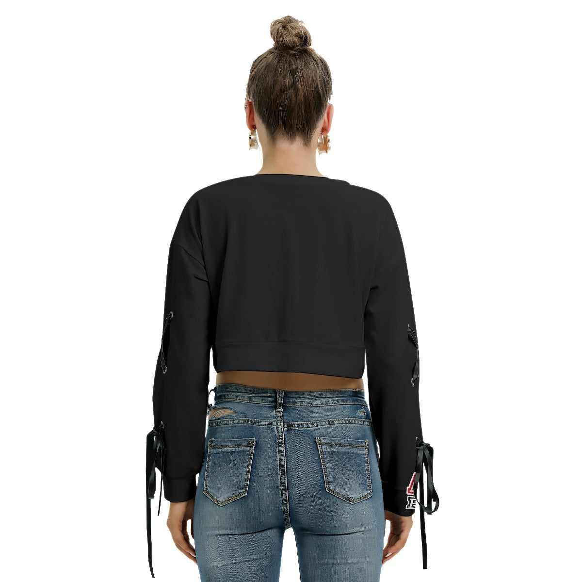 ABJ Ashley Black / Red All-Over Print Women's Long Sleeve Cropped Sweatshirt With Lace up