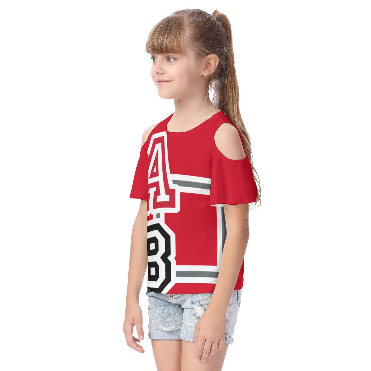 ABJ Greek All-Over Print Kid's Cold Shoulder T-shirt With Ruffle Sleeves