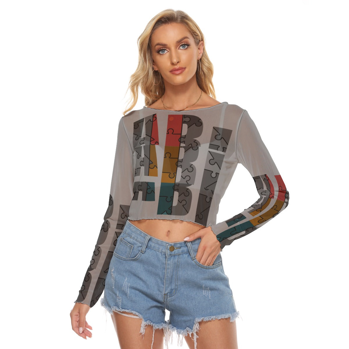 ABJ Layered Grey All-Over Print Women's Mesh Long Sleeves T-shirt