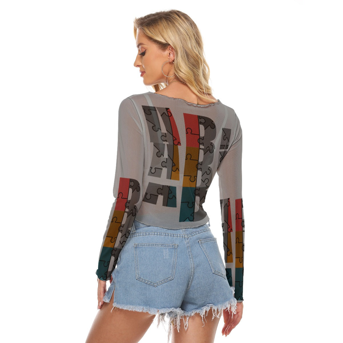 ABJ Layered Grey All-Over Print Women's Mesh Long Sleeves T-shirt