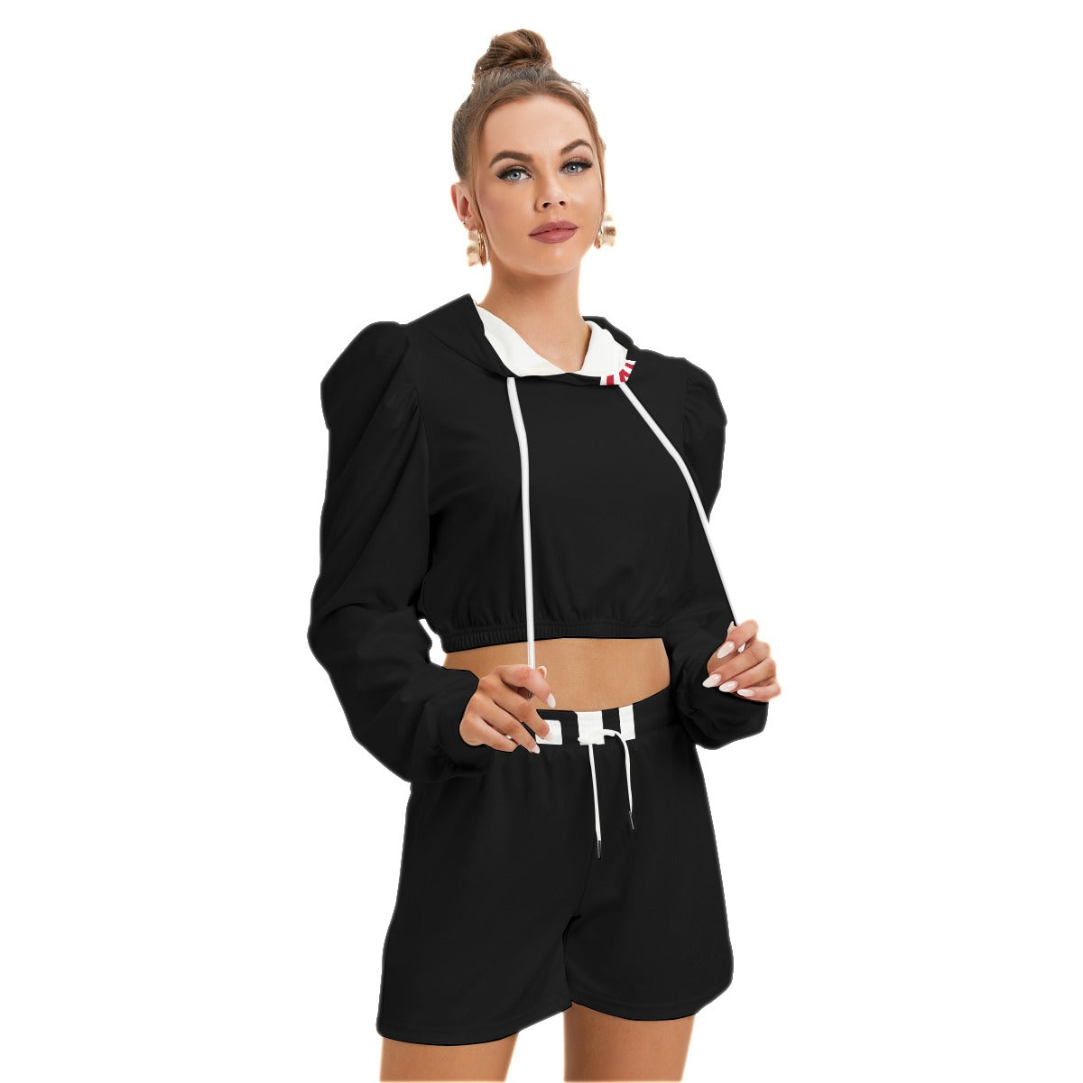 ABJ Greek Black Plain All-Over Print Women's Mirco Fleece Hoodie And Shorts Set