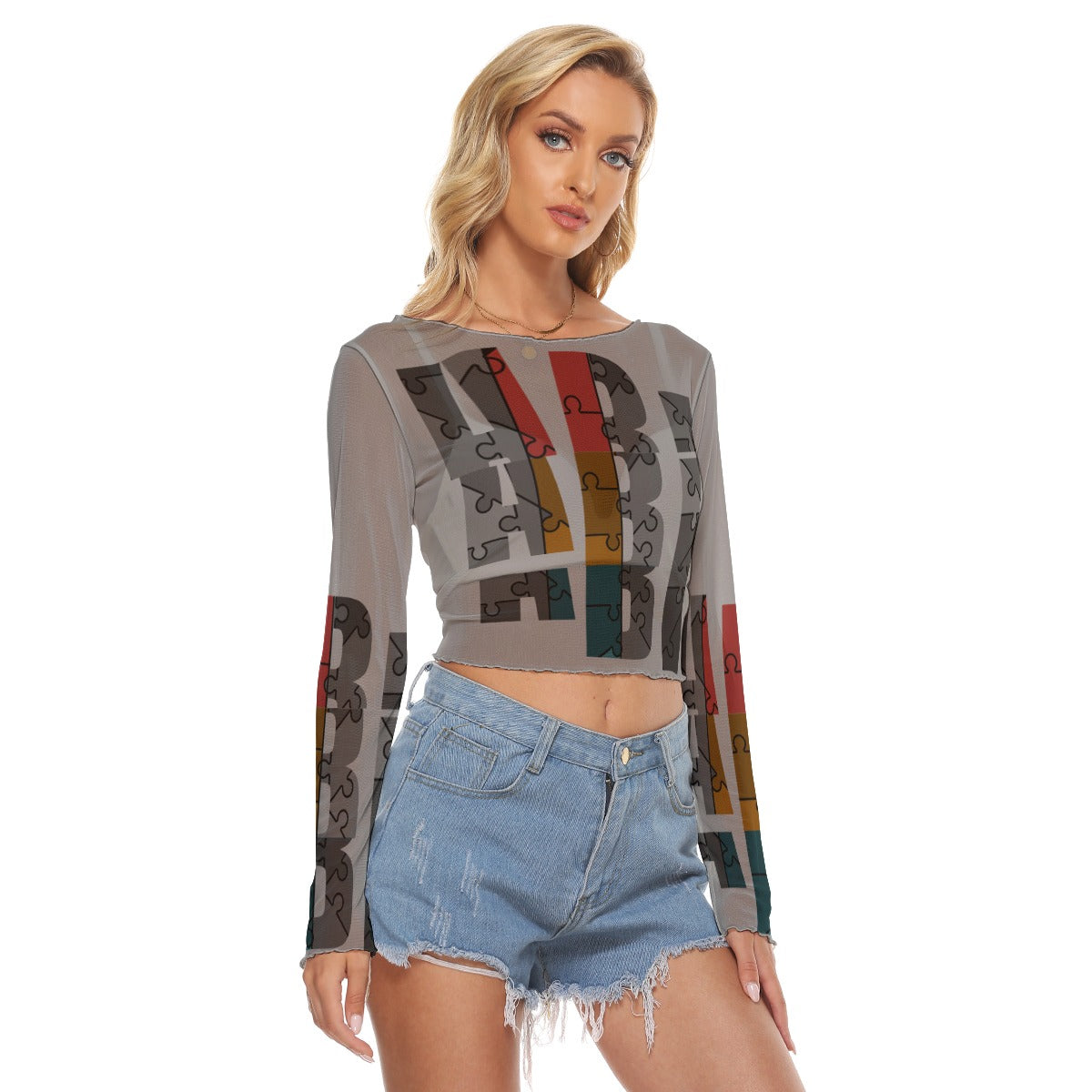 ABJ Layered Grey All-Over Print Women's Mesh Long Sleeves T-shirt