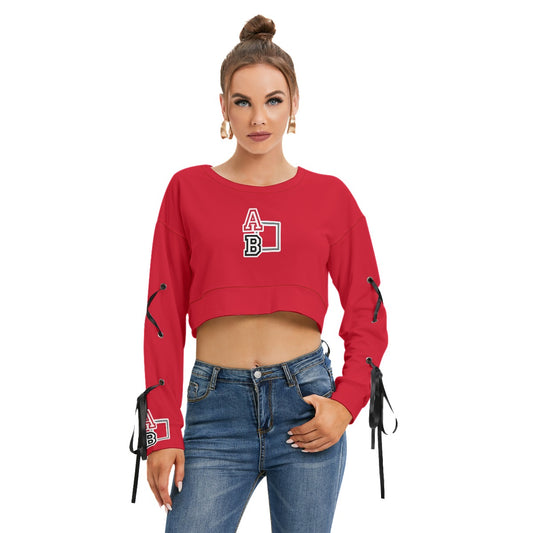 ABJ Ashley Red All-Over Print Women's Long Sleeve Cropped Sweatshirt With Lace up