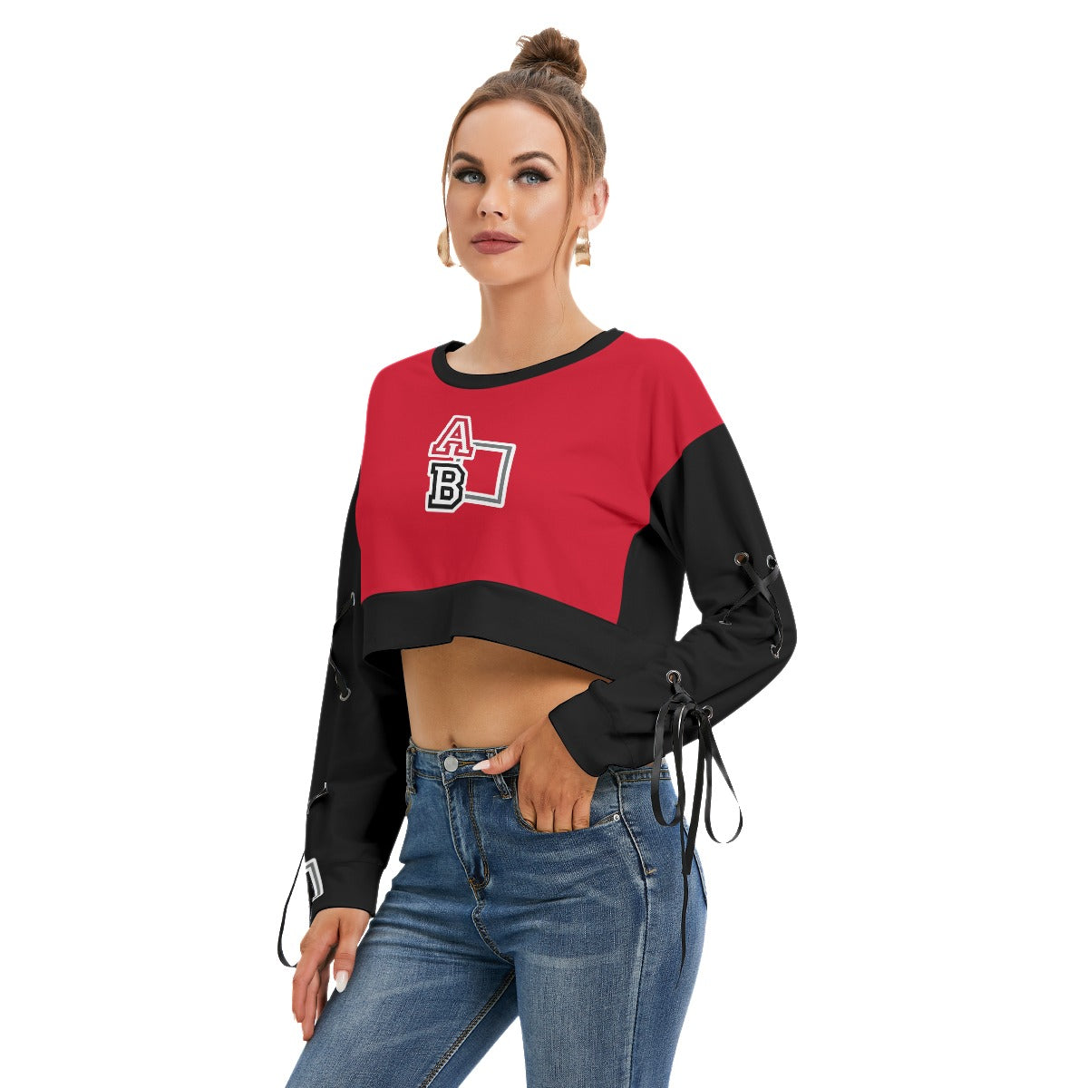 ABJ Ashley Black / Red All-Over Print Women's Long Sleeve Cropped Sweatshirt With Lace up