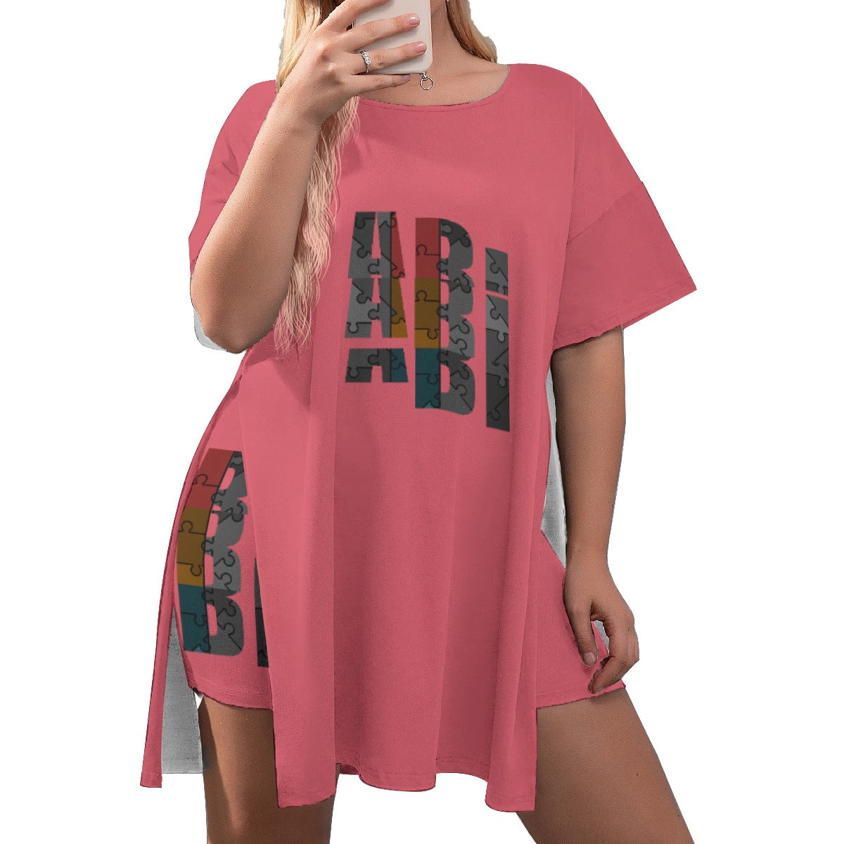 ABJ Amber Swing Pink All-Over Print Women's Drop-Shoulder T-Shirt with Side Split and Shorts (Plus Size)