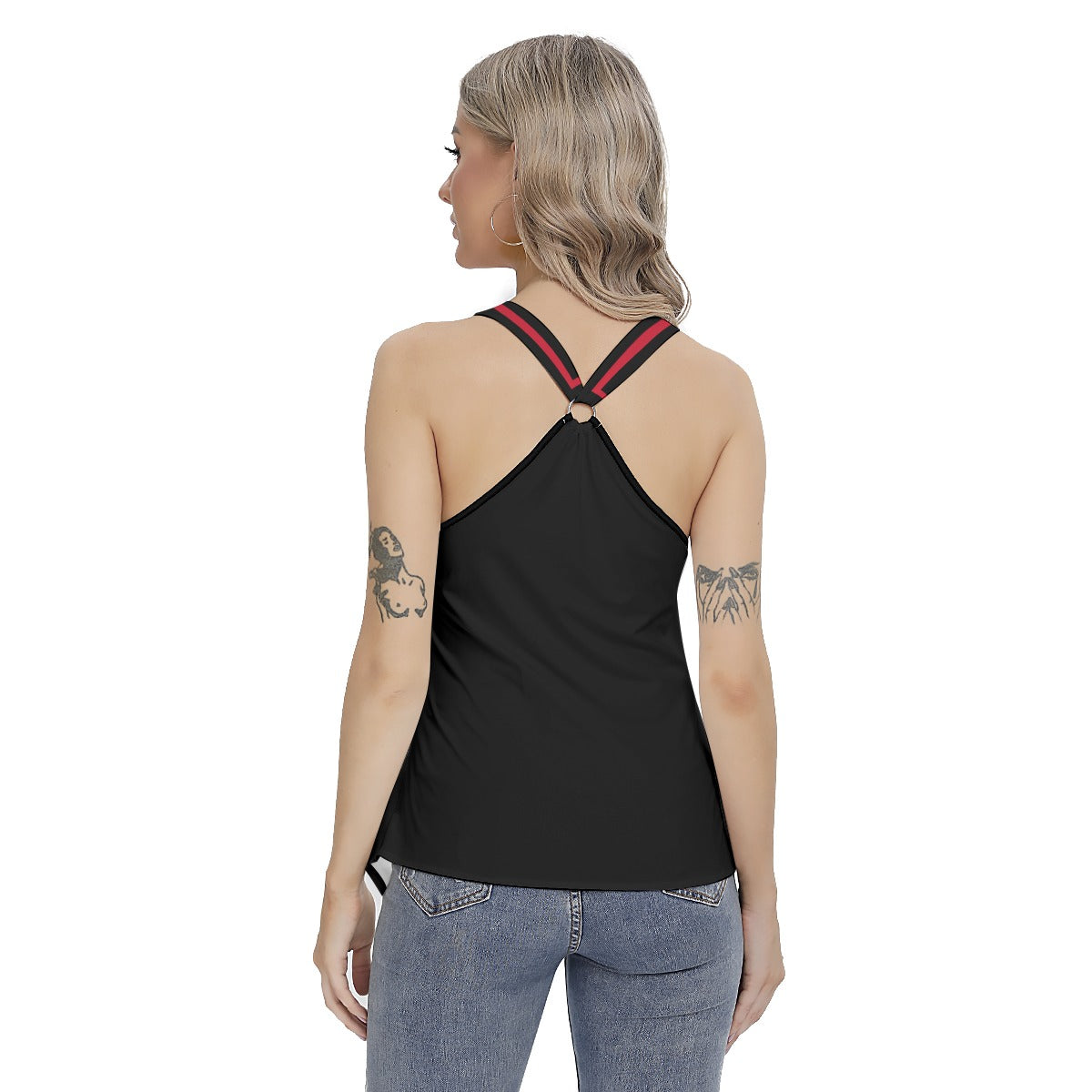 ABJ Black/Red  Striped Spoon Collar All-Over Print Women's Skinny Sport Tank Top