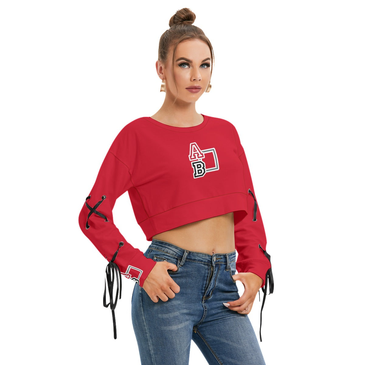 ABJ Ashley Red All-Over Print Women's Long Sleeve Cropped Sweatshirt With Lace up