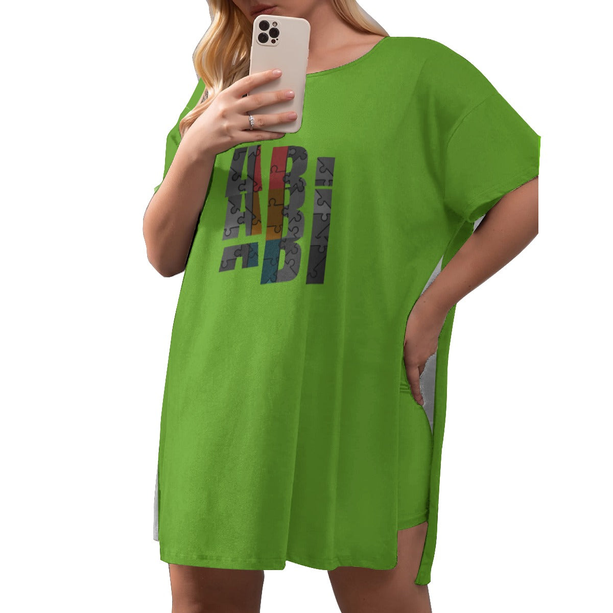 ABJ Amber Dark Lime All-Over Print Women's Drop-Shoulder T-Shirt with Side Split and Shorts (Plus Size)