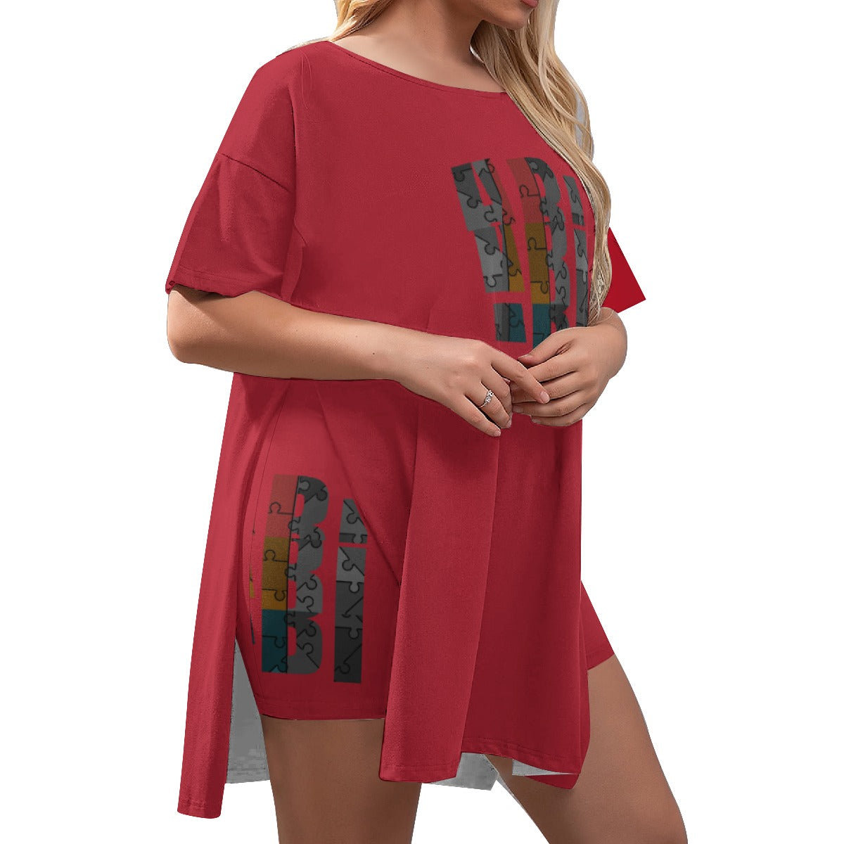 ABJ Amber Red All-Over Print Women's Drop-Shoulder T-Shirt with Side Split and Shorts (Plus Size)