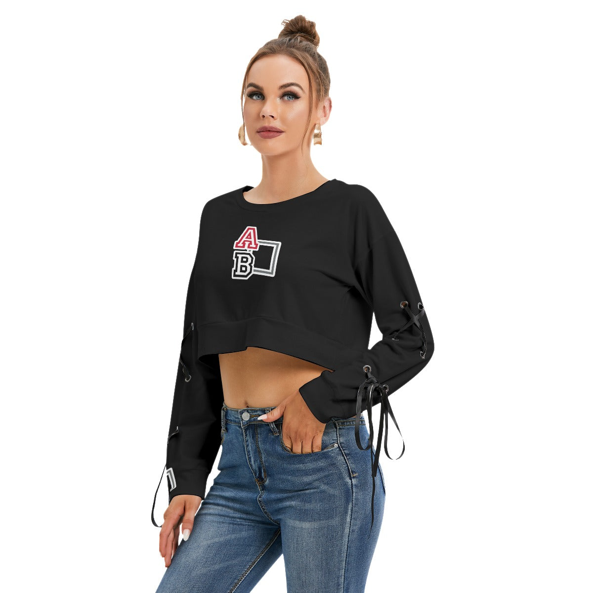 ABJ Ashley Black All-Over Print Women's Long Sleeve Cropped Sweatshirt With Lace up