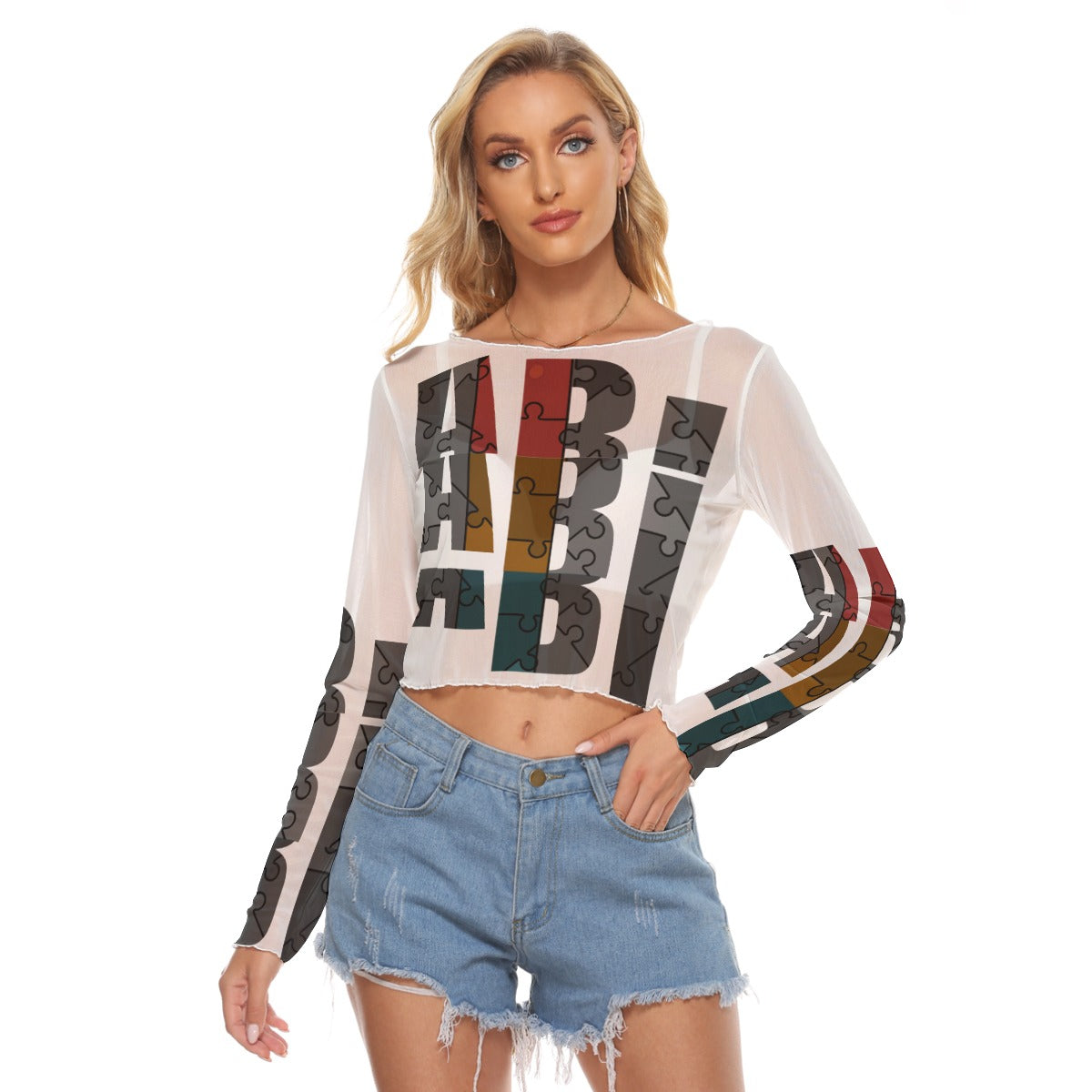 ABJ Layered All-Over Print Women's Mesh Long Sleeves T-shirt