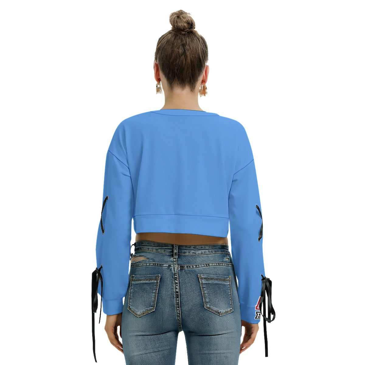 ABJ Ashley Baby Blue All-Over Print Women's Long Sleeve Cropped Sweatshirt With Lace up